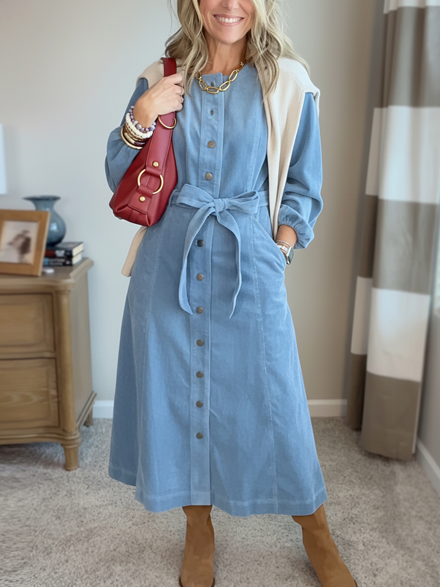 New Arrival🔥 Corduroy Shirt Dress with Tie Belt-retrostrom
