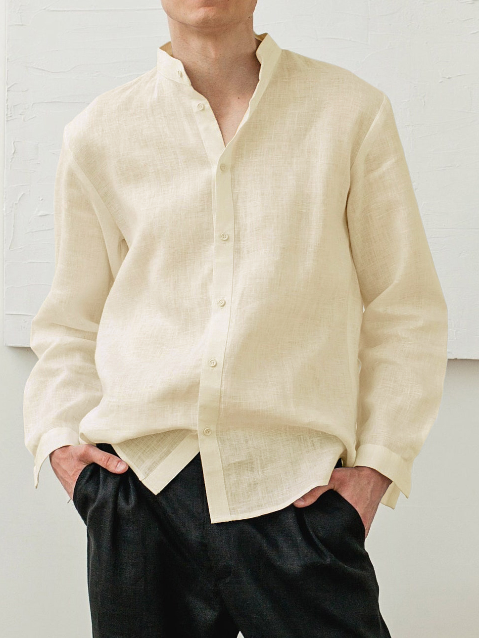 Men's Cotton And Linen Classic Casual Stand-up Collar Long-sleeved Shirt-retrostrom