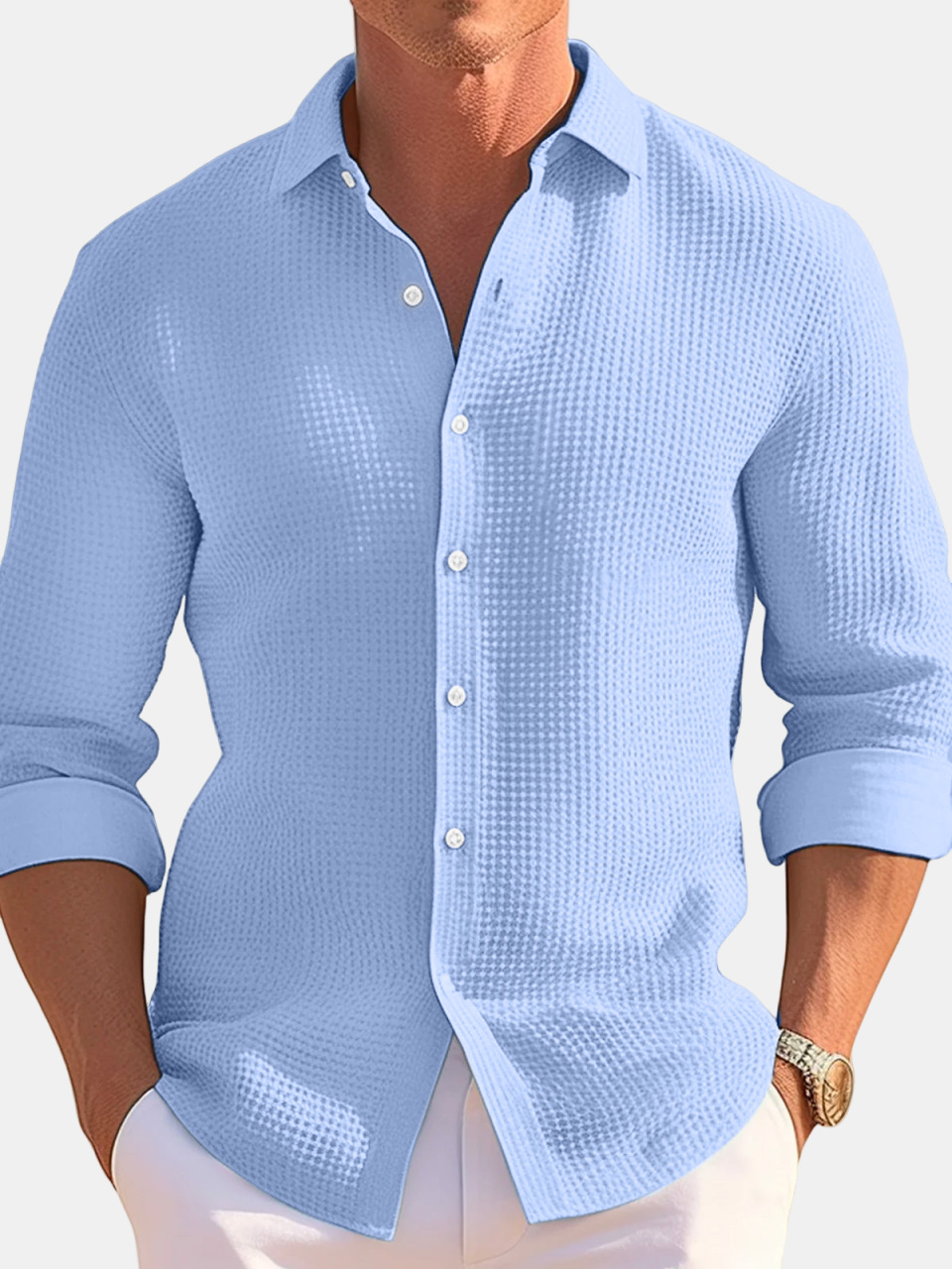 Men's Casual Loose Solid Color Waffle Long Sleeve Shirt-retrostrom