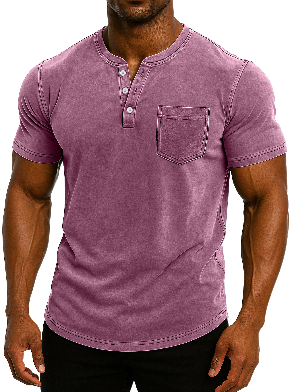 Men's Retro Stand Collar Casual Pocket Solid Color Slim Fit Short Sleeve Henley Shirt-retrostrom