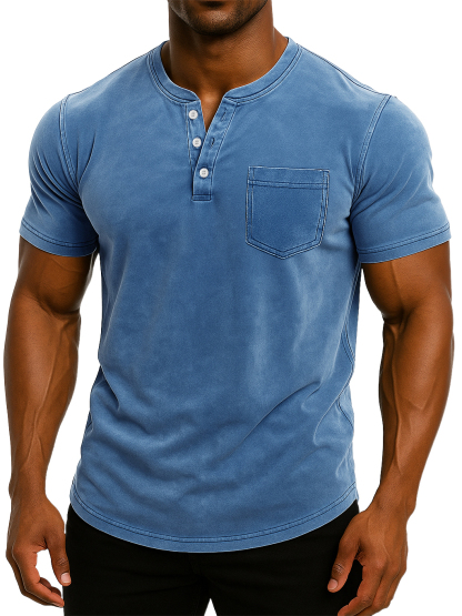 Men's Retro Stand Collar Casual Pocket Solid Color Slim Fit Short Sleeve Henley Shirt-retrostrom