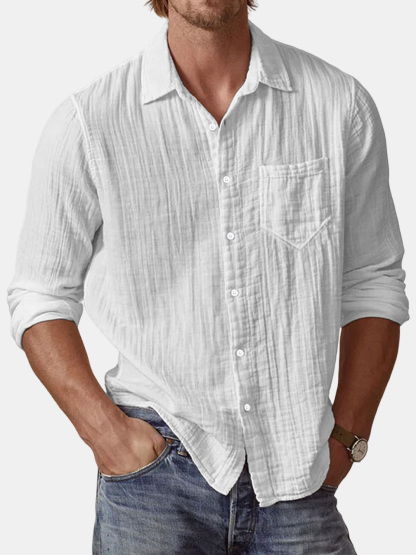 Men's Casual Textured Solid Color Comfortable Puff Wrinkle Long Sleeve Shirt-retrostrom