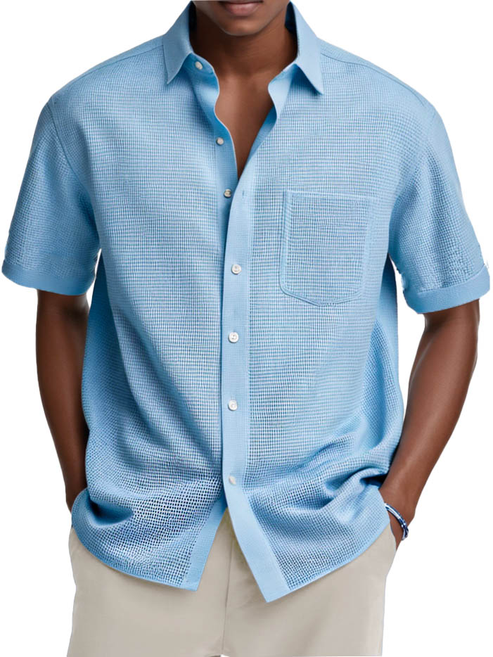 Men's Fashion Casual Retro Waffle Fabric Pocket Short-sleeved Shirt-retrostrom