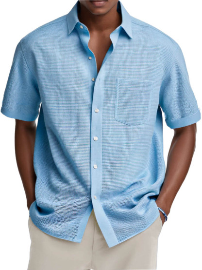 Men's Fashion Casual Retro Waffle Fabric Pocket Short-sleeved Shirt-retrostrom