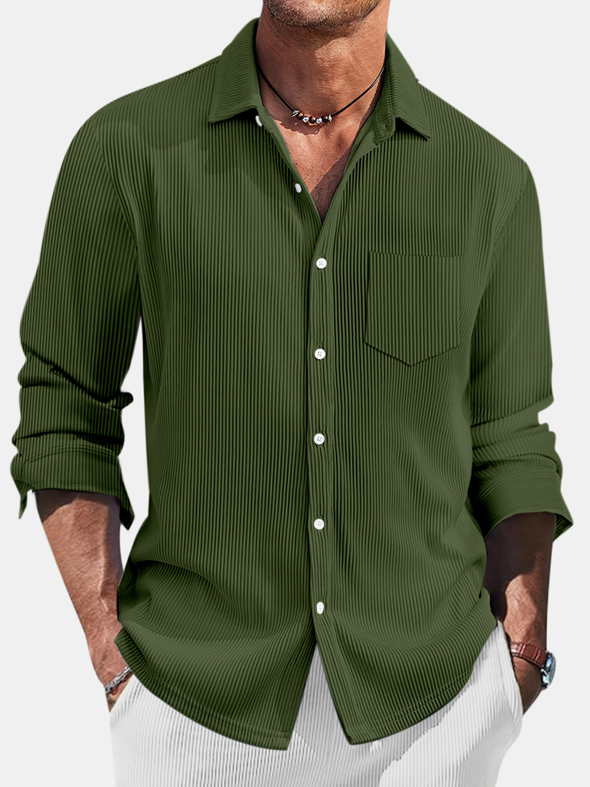 Men's Casual Daily Pit Striped Solid Color Comfortable Long-sleeved Shirt-retrostrom