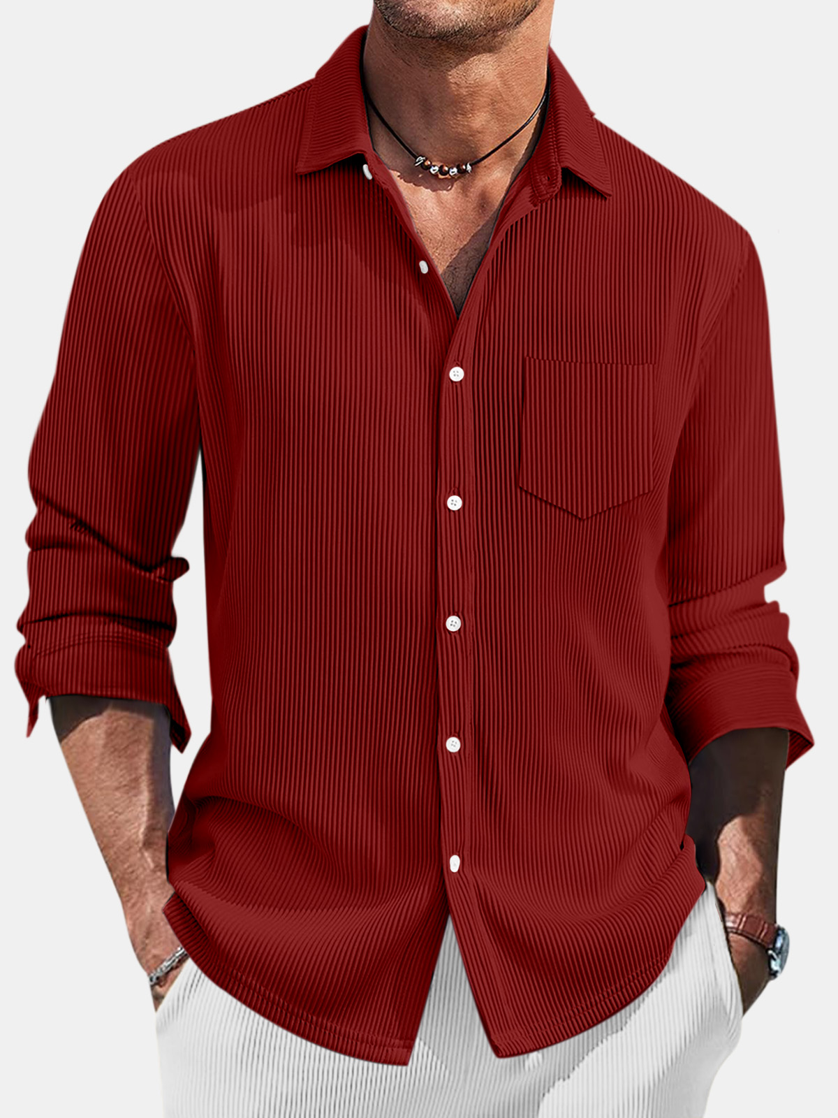 Men's Casual Daily Pit Striped Solid Color Comfortable Long-sleeved Shirt-retrostrom