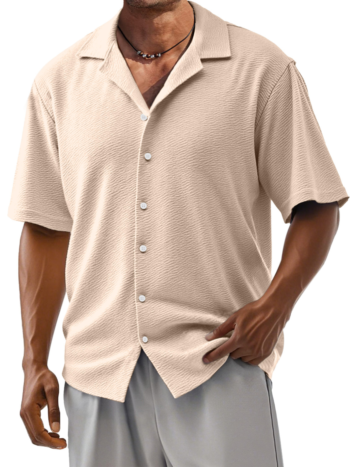 Men's Loose Solid Color Comfortable Texture Short-Sleeved Cuban Collar Shirt-retrostrom