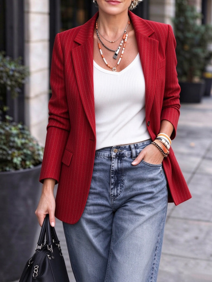 New Arrivals 🔥 Women’s Pinstripe Notched Lapel Long Blazer Jacket