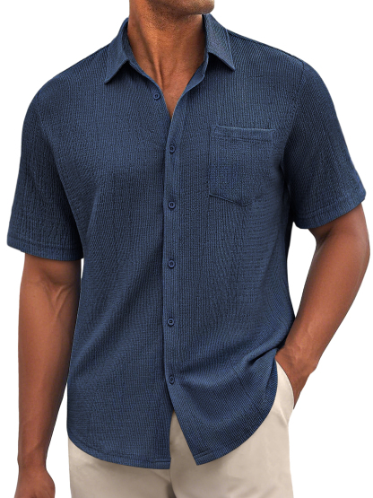 Men's Daily Bubble Wrinkle Casual Pocket Solid Color Short Sleeve Shirt-retrostrom