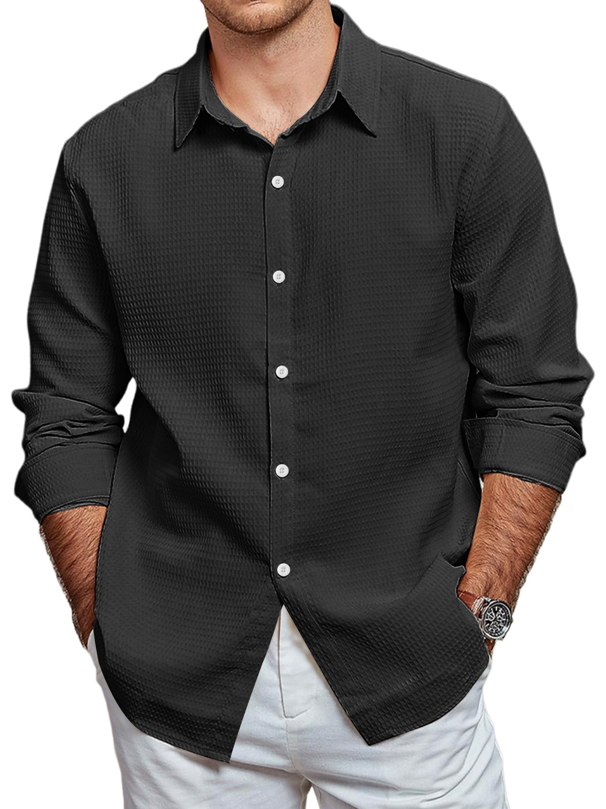 Men's Casual Waffle Solid Color Long Sleeve Shirt-retrostrom