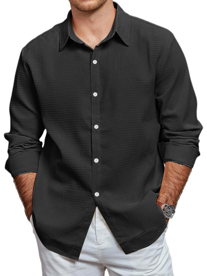 Men's Casual Waffle Solid Color Long Sleeve Shirt-retrostrom