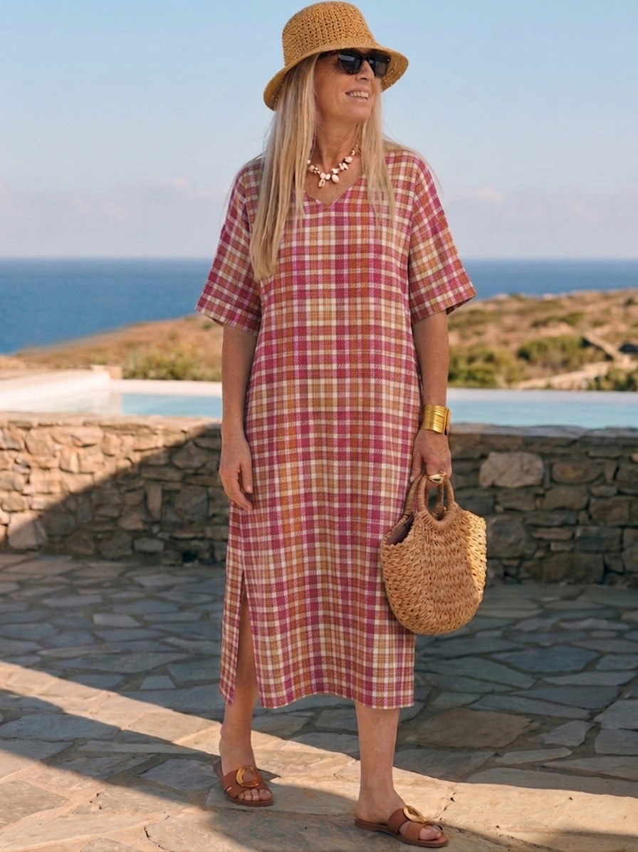 Vintage Checkered Print V-Neck Dress-retrostrom