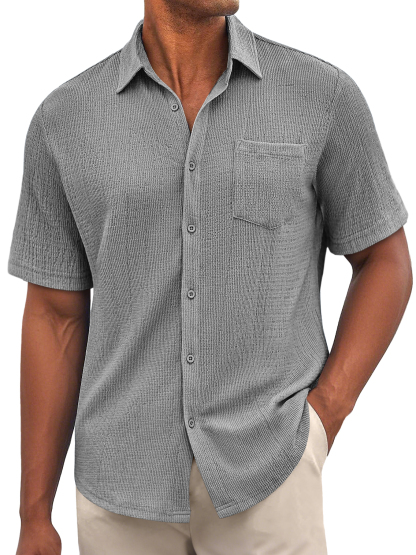 Men's Daily Bubble Wrinkle Casual Pocket Solid Color Short Sleeve Shirt-retrostrom