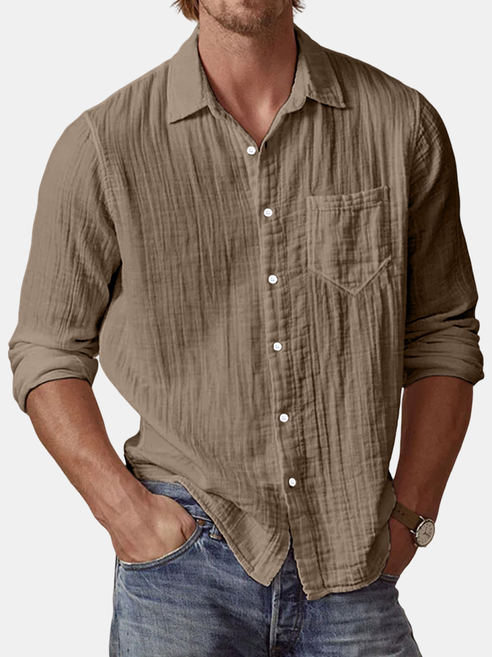 Men's Casual Textured Solid Color Comfortable Puff Wrinkle Long Sleeve Shirt-retrostrom