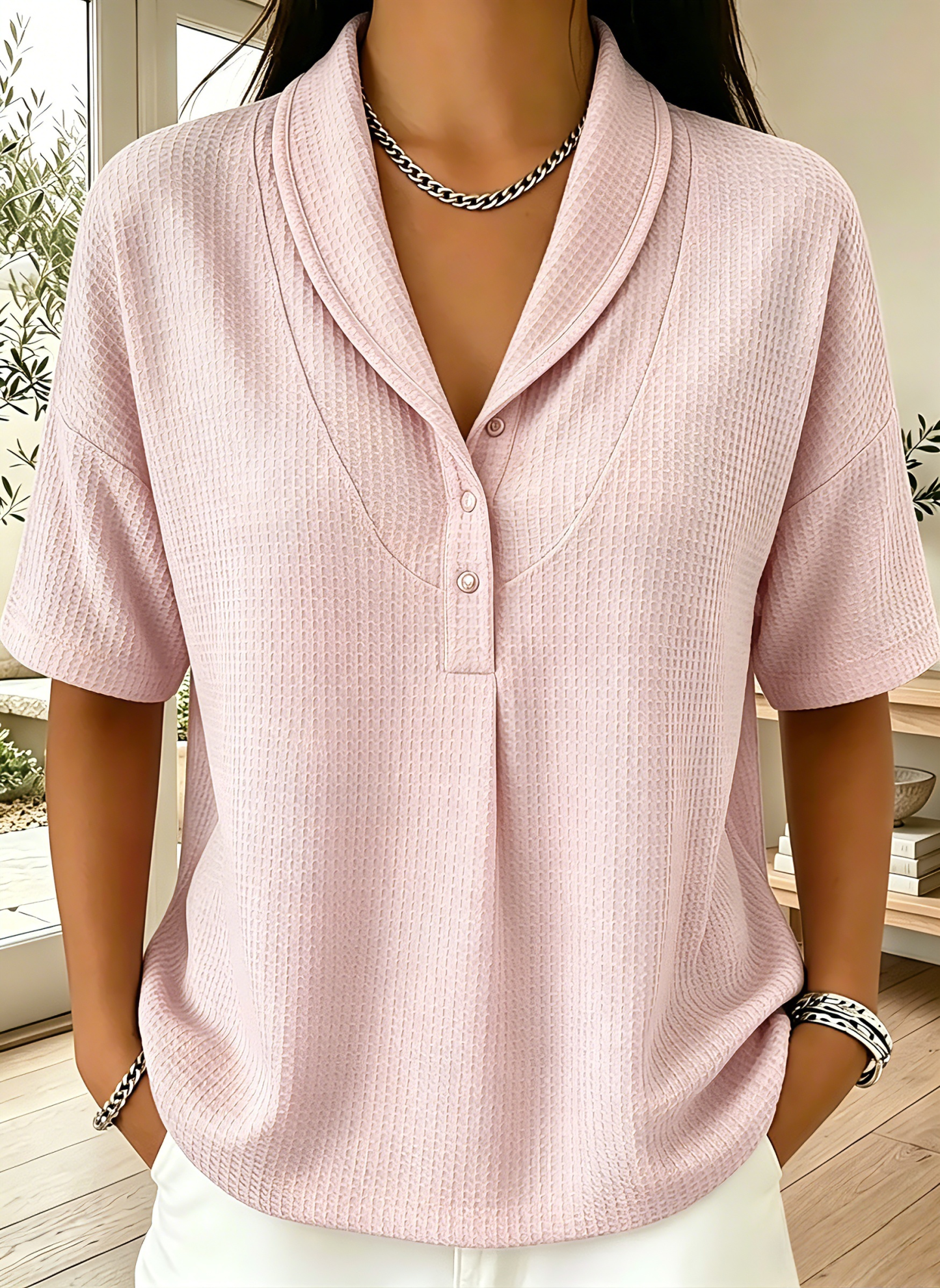 New Arrivals🔥Women’s Casual Loose Shawl Collar Waffle-knit T-shirt