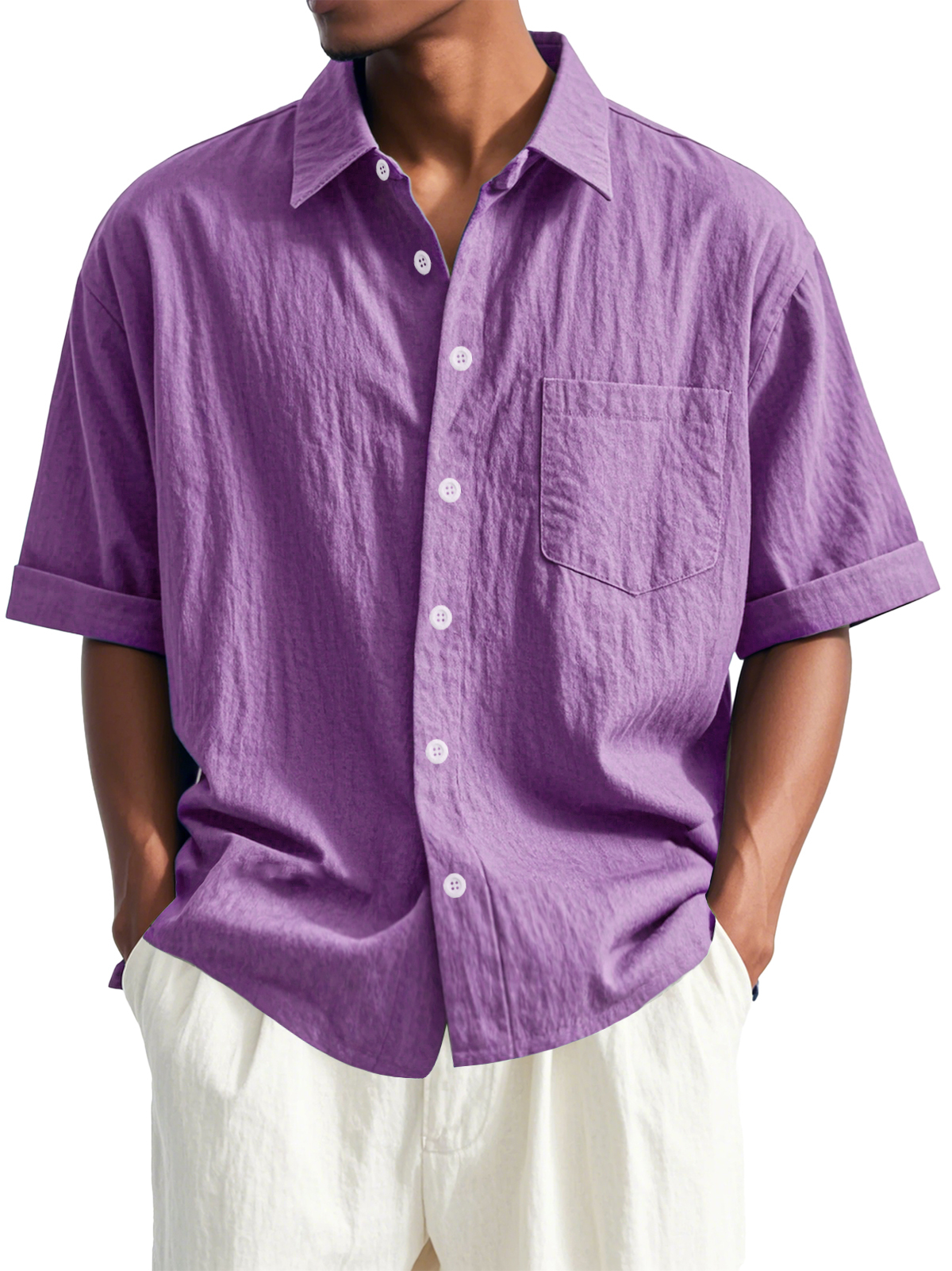 Men's Fashion Casual Pleated Fabric Short Sleeve Lapel Pocket Shirt-retrostrom
