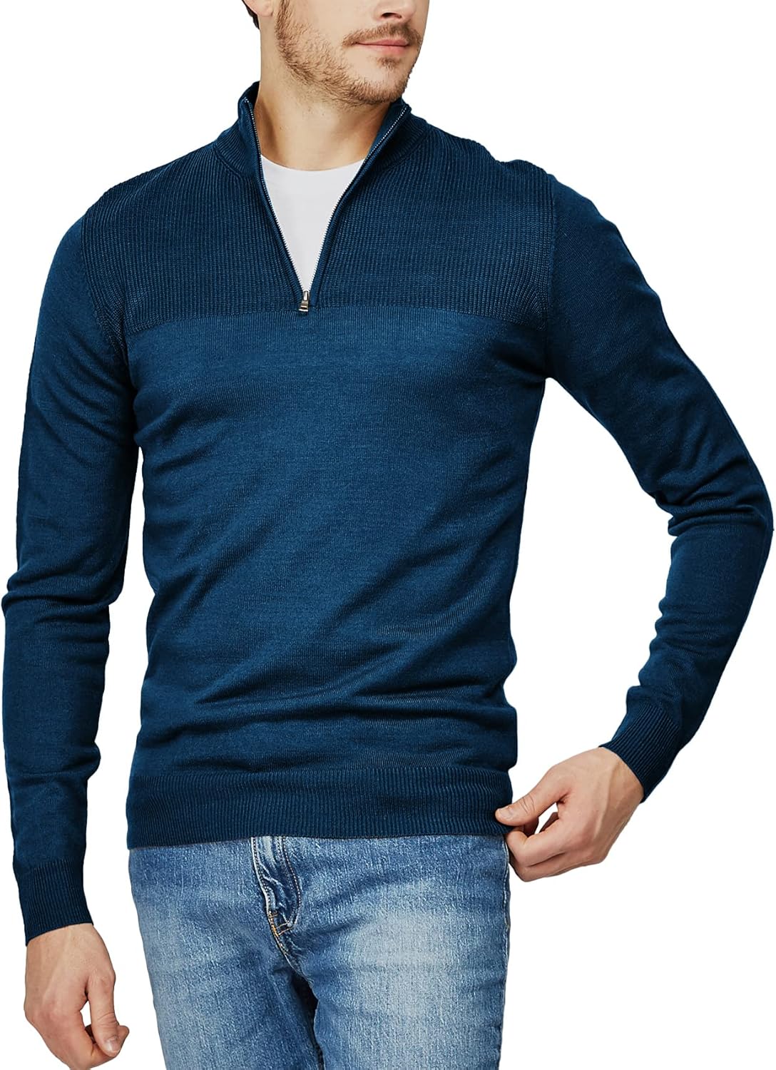 H2H Mens Casual Slim Fit Pullover Sweaters Long Sleeve Knitted Fabric Zip Up Mock Neck Polo Sweater-retrostrom