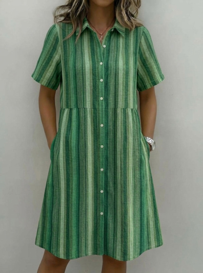 Cozy Fashion Lapel Striped Cotton-Linen Shirt Dress-retrostrom