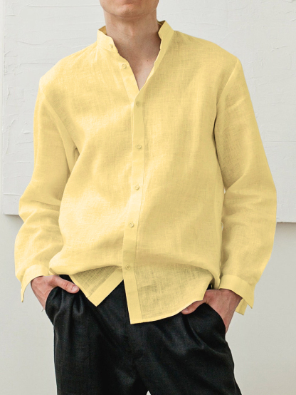 Men's Cotton And Linen Classic Casual Stand-up Collar Long-sleeved Shirt-retrostrom