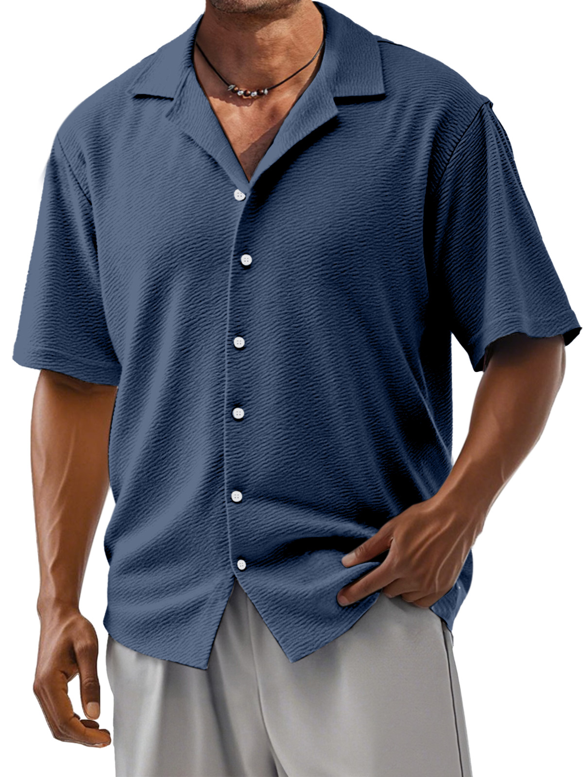 Men's Loose Solid Color Comfortable Texture Short-Sleeved Cuban Collar Shirt-retrostrom