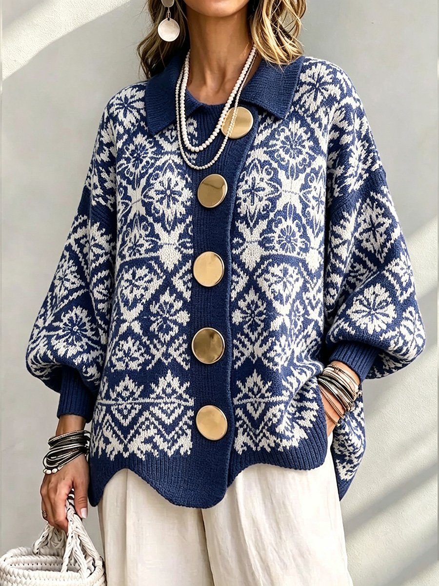 New Arrival🔥 Lapel Collar Printed Knit Cardigan with Large Metal Buttons-retrostrom
