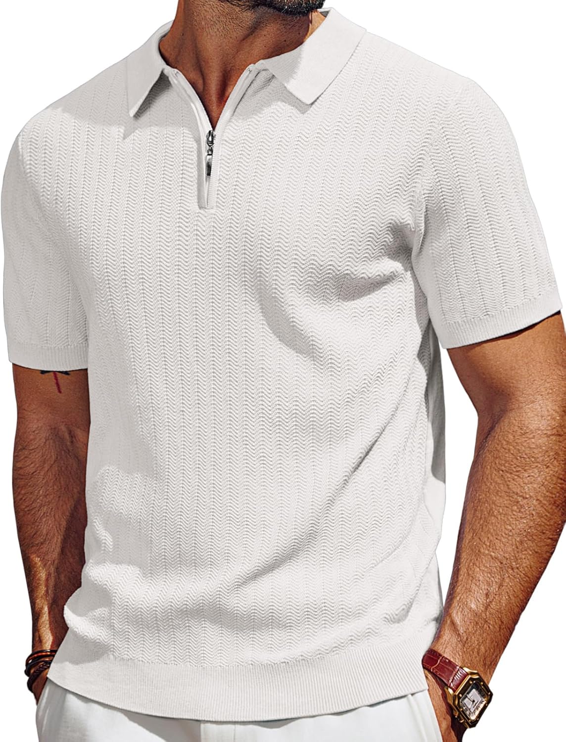 Men's Polo Shirts Quarter Zip Textured Knit Shirts Summer Shirt-retrostrom
