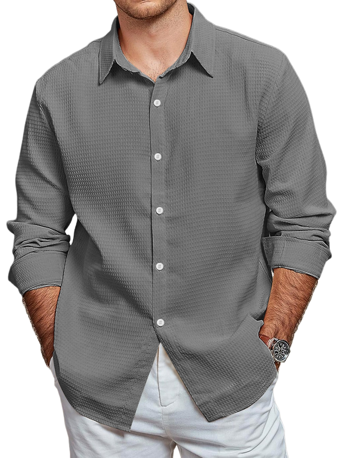 Men's Casual Waffle Solid Color Long Sleeve Shirt-retrostrom