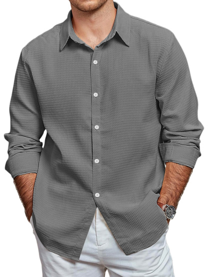 Men's Casual Waffle Solid Color Long Sleeve Shirt-retrostrom