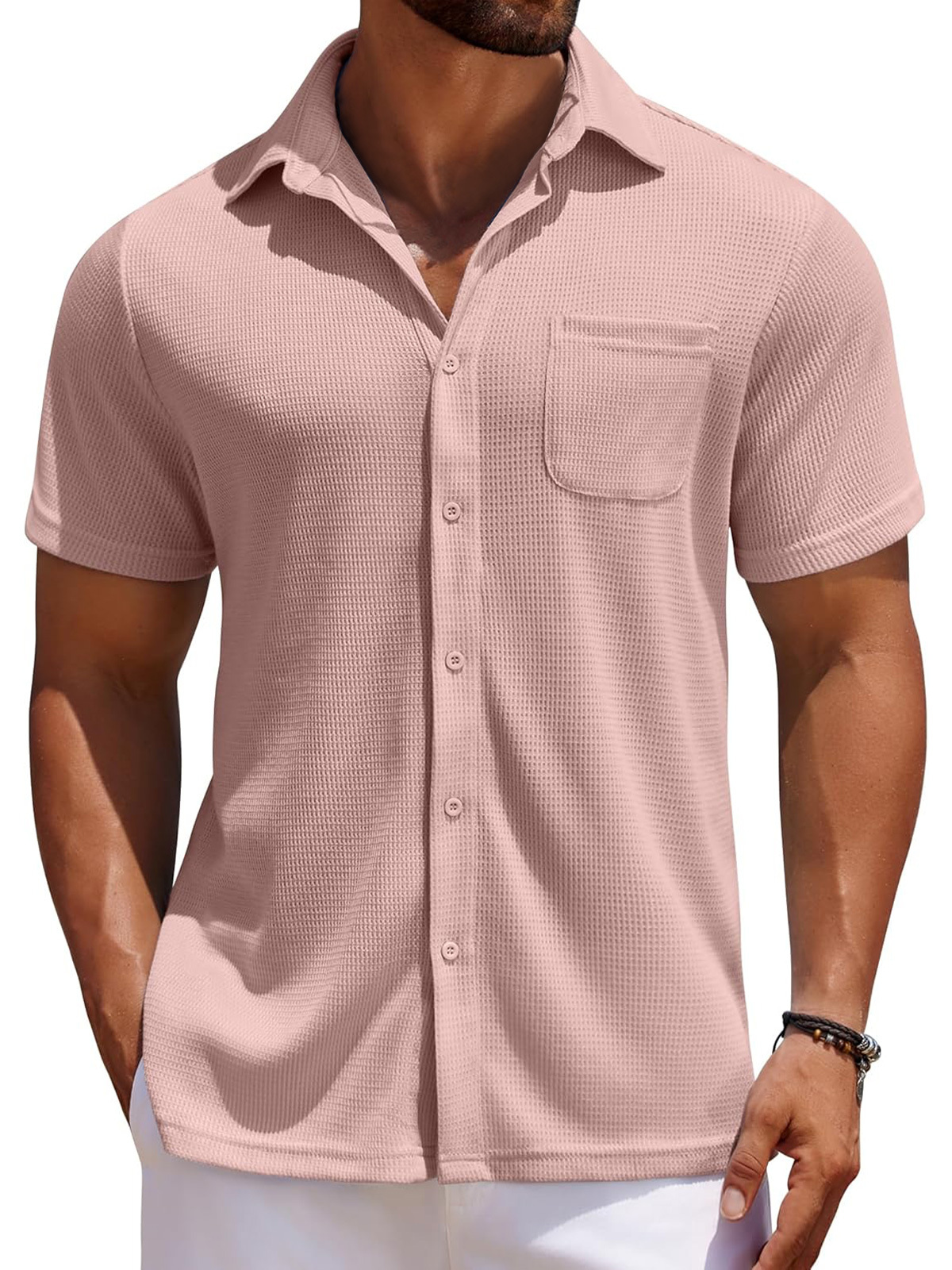 Men's Everyday Waffle Casual Pocket Solid Color Short Sleeve Shirt-retrostrom