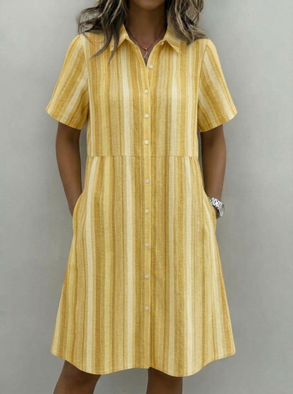 Cozy Fashion Lapel Striped Cotton-Linen Shirt Dress-retrostrom