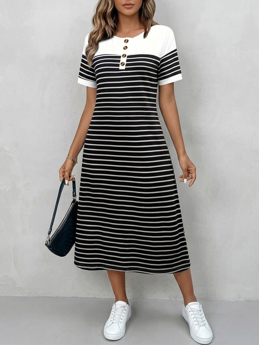 Cozy Round Neck Striped Cotton Shirt Dress-retrostrom