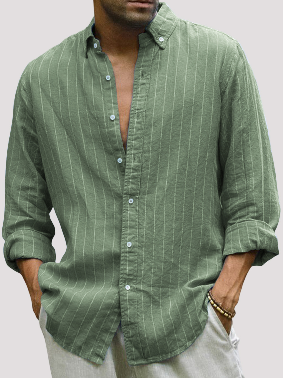 Men's Casual Cotton Striped Basic Solid Color Lapel Long Sleeve Shirt-retrostrom