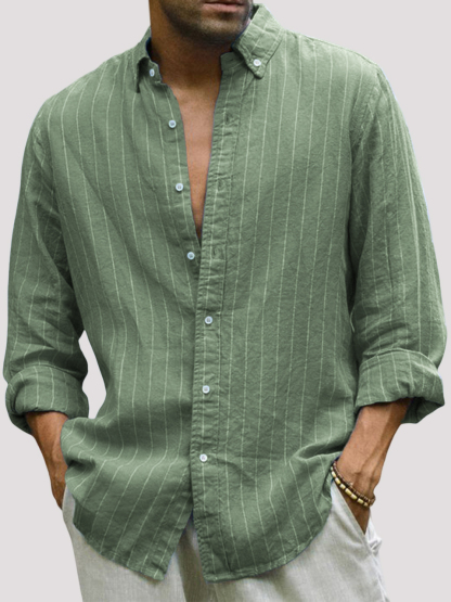 Men's Casual Cotton Striped Basic Solid Color Lapel Long Sleeve Shirt-retrostrom