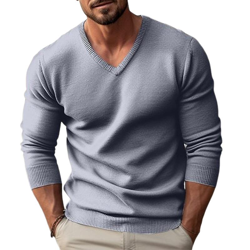 Men's solid color V-neck long-sleeved knitted pullover sweater-retrostrom