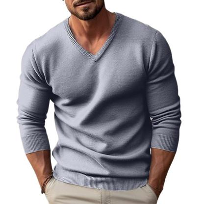 Men's solid color V-neck long-sleeved knitted pullover sweater-retrostrom