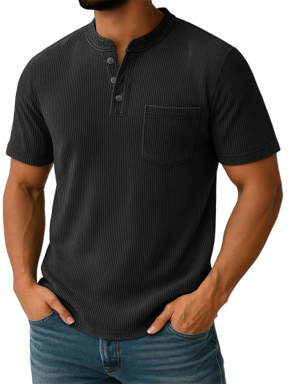 Men's Retro Stand-up Collar Ribbed Texture Vertical Stripe Pocket Casual T-shirt-retrostrom
