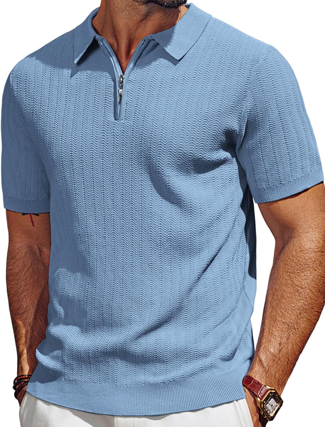 Men's Polo Shirts Quarter Zip Textured Knit Shirts Summer Shirt-retrostrom
