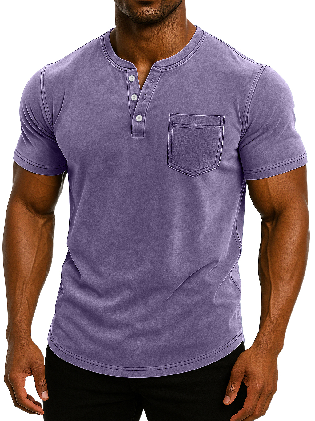 Men's Retro Stand Collar Casual Pocket Solid Color Slim Fit Short Sleeve Henley Shirt-retrostrom