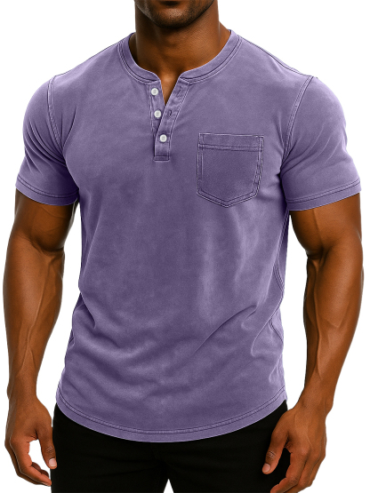Men's Retro Stand Collar Casual Pocket Solid Color Slim Fit Short Sleeve Henley Shirt-retrostrom