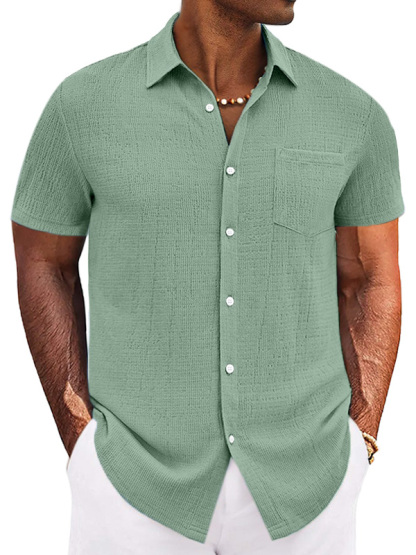 Men's Casual Simple Solid Color Texture Short-sleeved Button-down Shirt-retrostrom