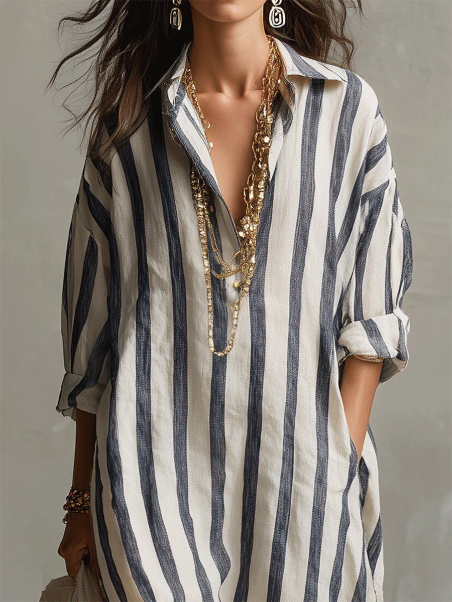 Casual And Cozy Striped Linen-cotton Dress-retrostrom