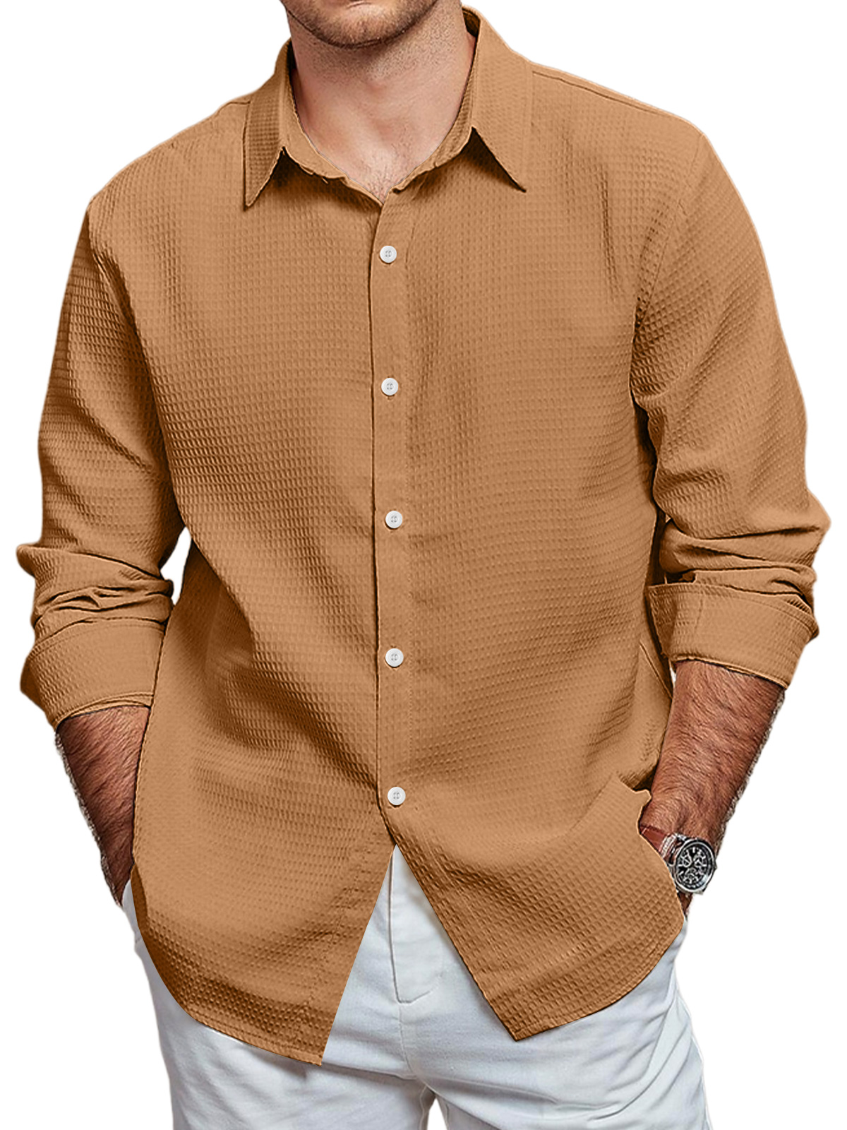 Men's Casual Waffle Solid Color Long Sleeve Shirt-retrostrom