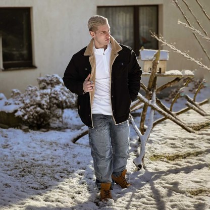 Men's Sherpa Trucker Jacket 5 Pockets Cotton Cargo Jacket Turn-down Collar Winter Coats-retrostrom