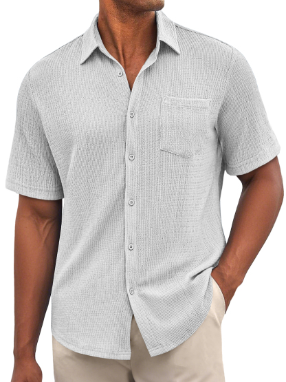 Men's Daily Bubble Wrinkle Casual Pocket Solid Color Short Sleeve Shirt-retrostrom