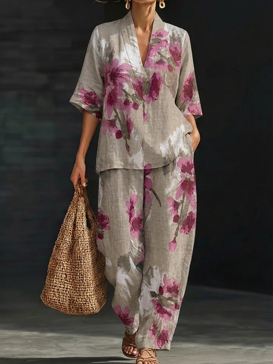 New Arrivals🔥 Relaxed Bohemian Floral Linen Two-piece Set-retrostrom