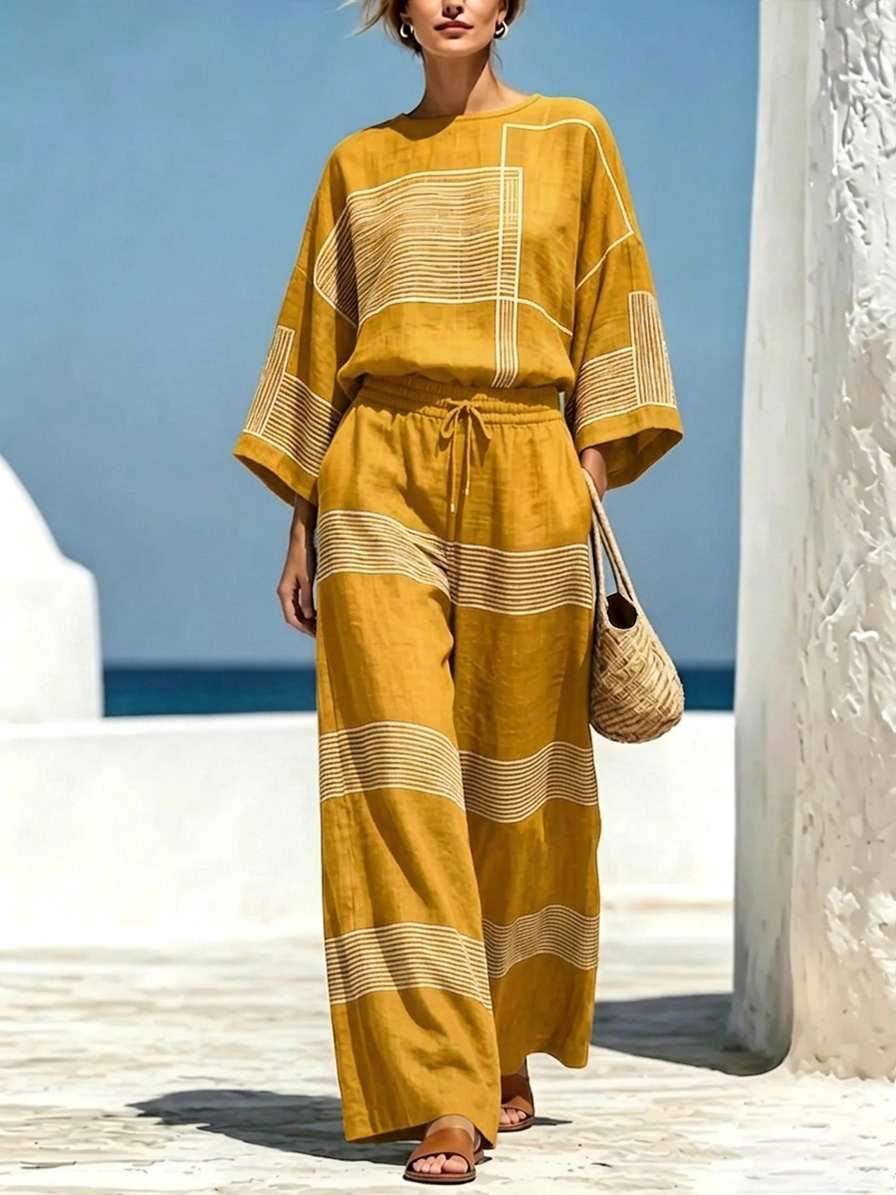 Asymmetrical Print Cotton-Linen Crew-Neck Set-retrostrom