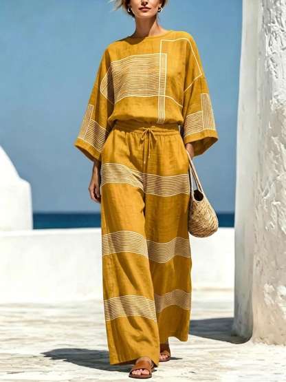 Asymmetrical Print Cotton-Linen Crew-Neck Set-retrostrom