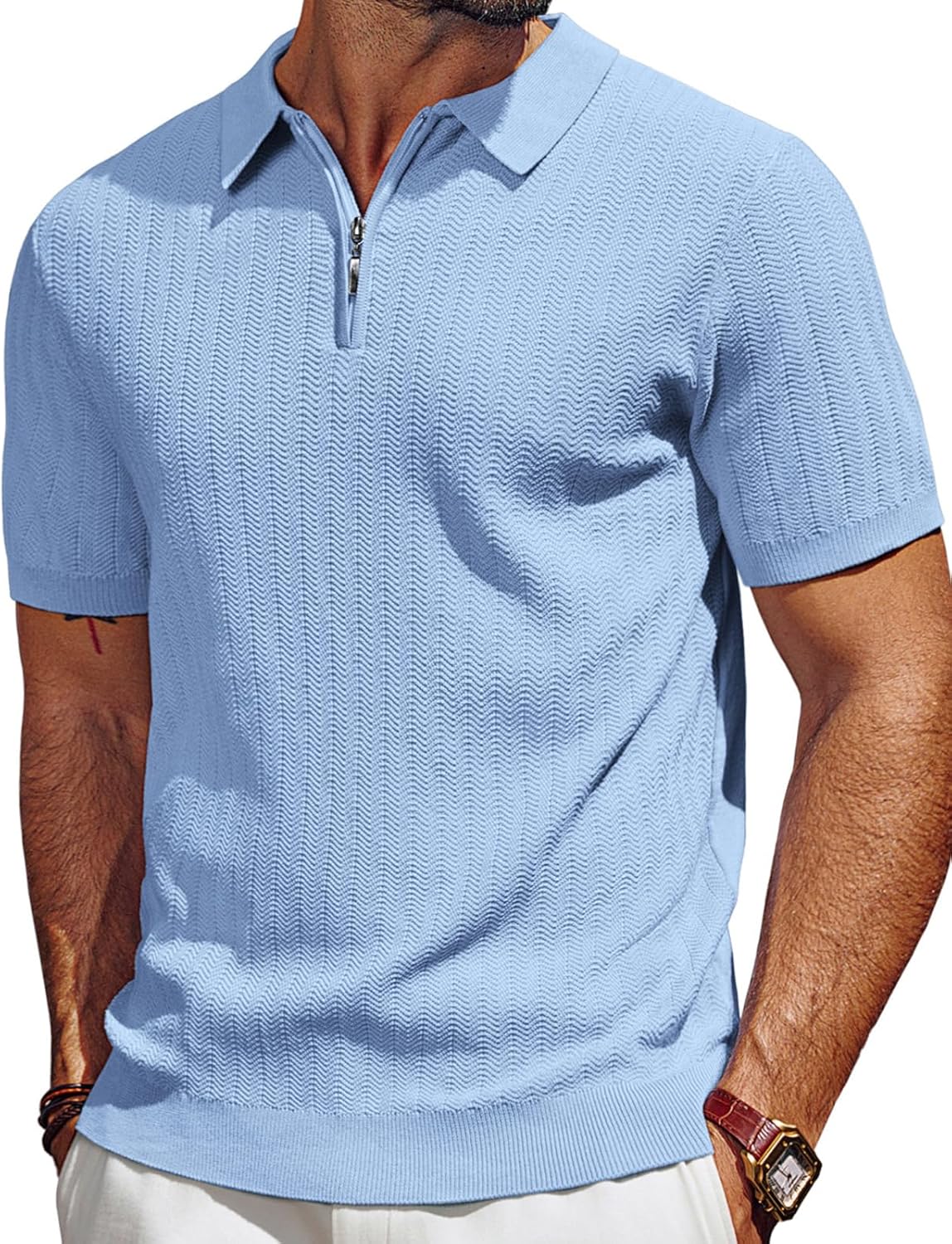 Men's Polo Shirts Quarter Zip Textured Knit Shirts Summer Shirt-retrostrom