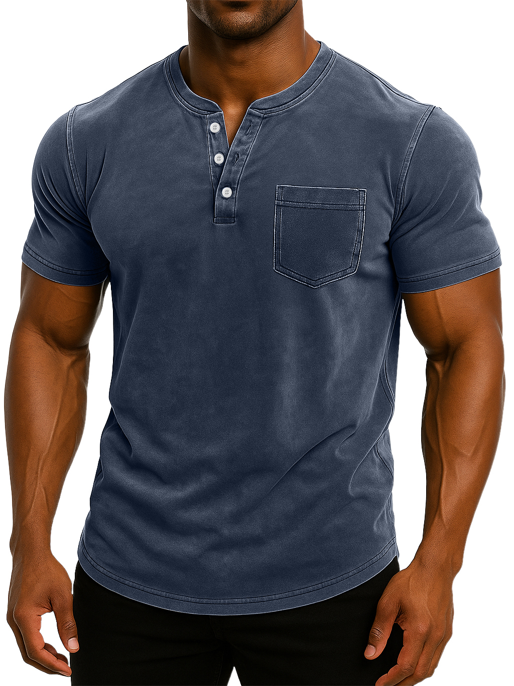Men's Retro Stand Collar Casual Pocket Solid Color Slim Fit Short Sleeve Henley Shirt-retrostrom