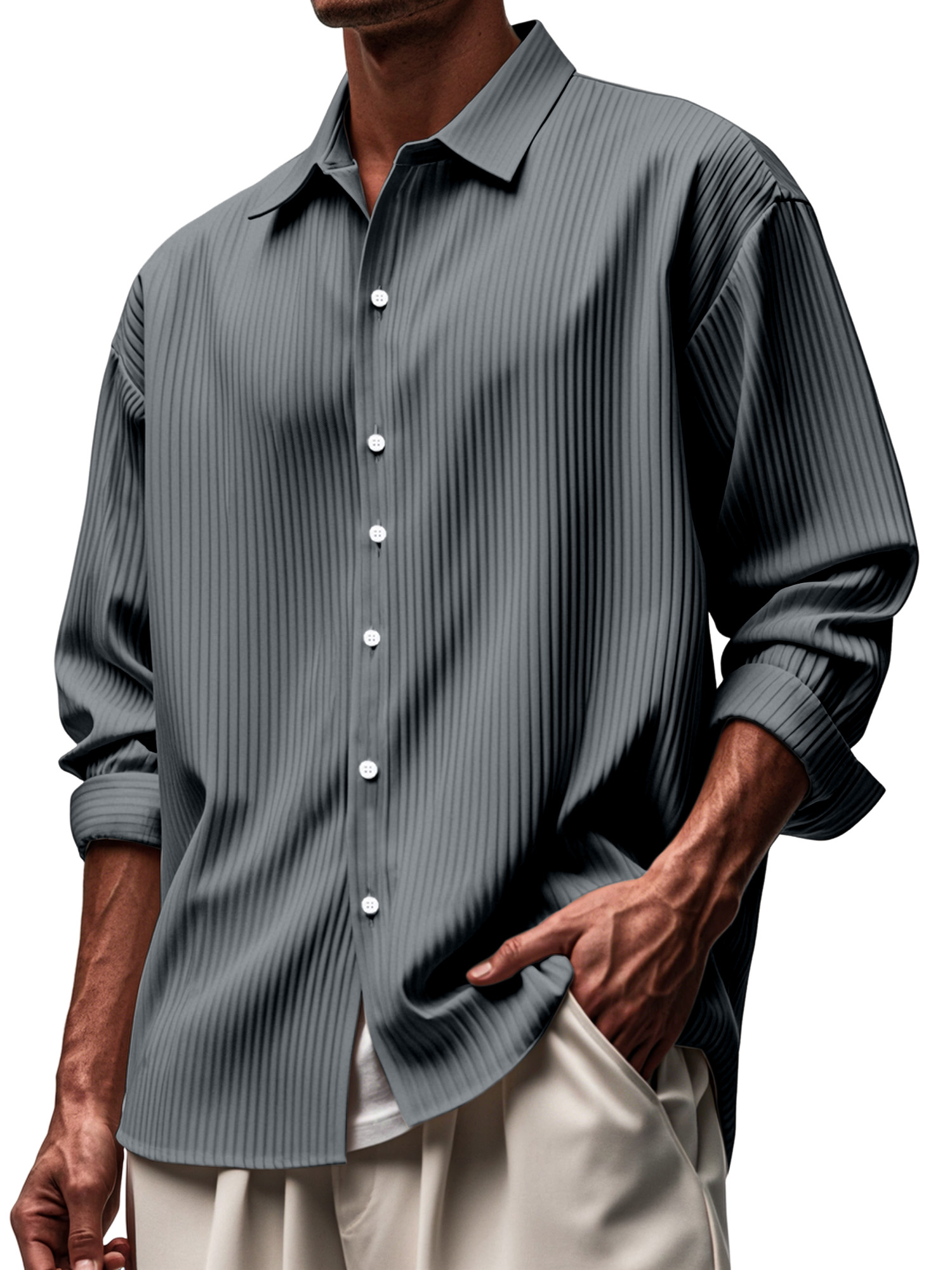 Men's Everyday Solid Color Pitted Lapel Button-down Long-sleeved Shirt-retrostrom
